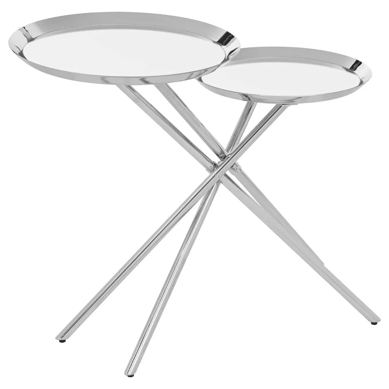 Chrome nesting side tables with round mirrored tops and crossed metal legs