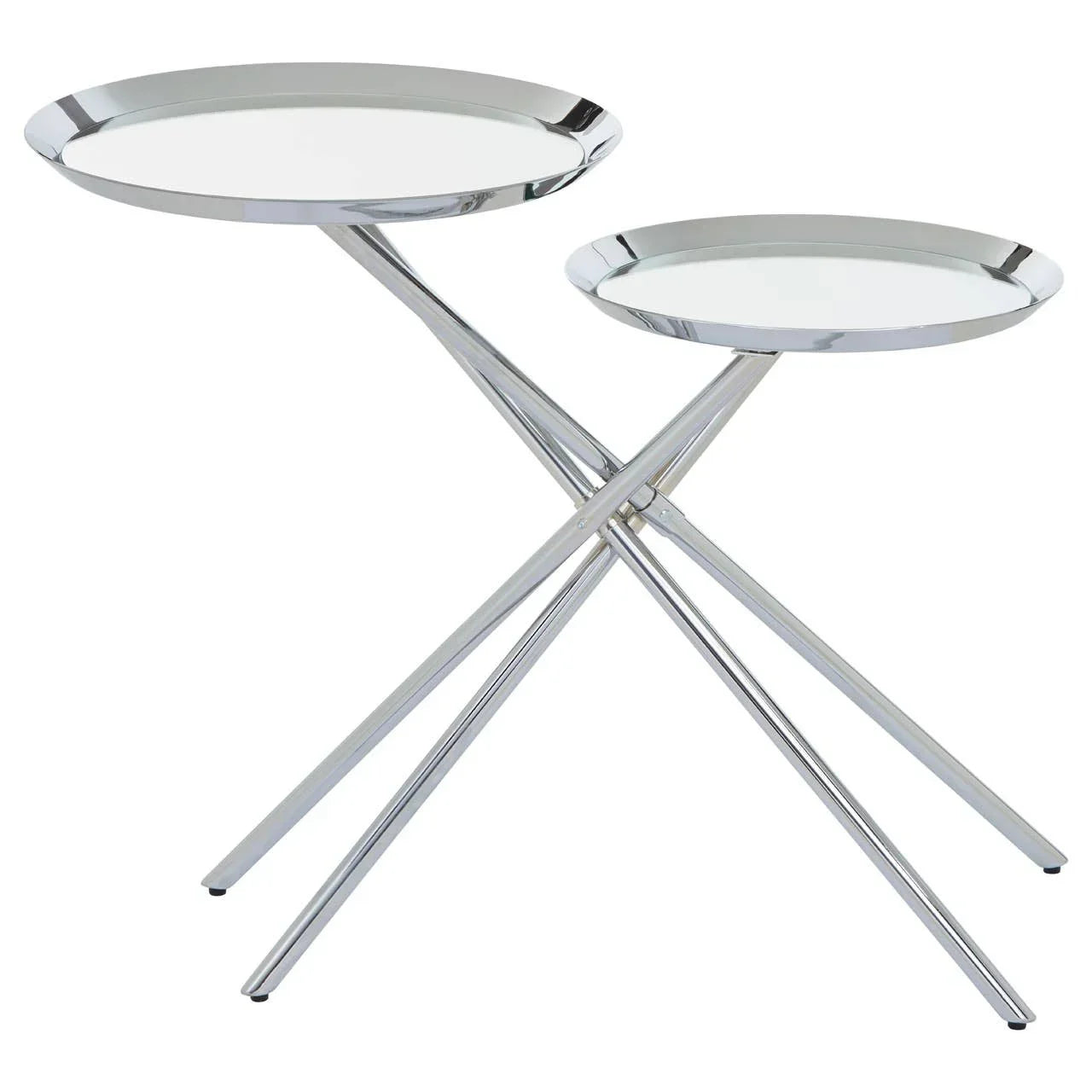 Set of two chrome metal side tables with round mirrored tops and crossed legs