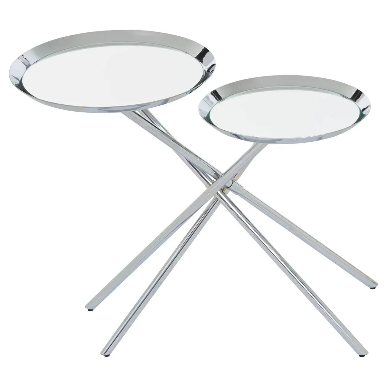 Round mirrored nest of tables with chrome legs and raised edges