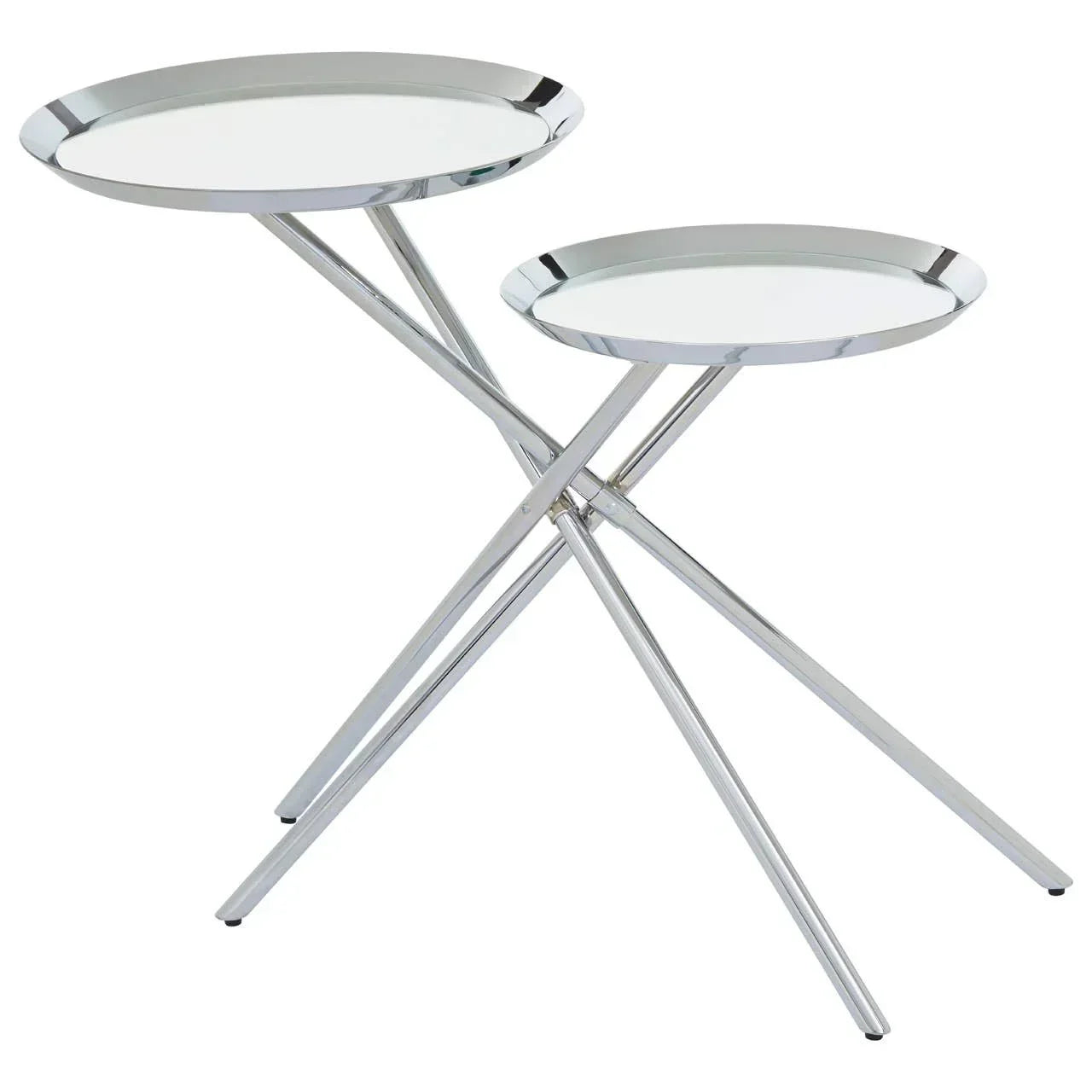 Set of two round chrome nesting side tables with mirrored tops and crossed legs