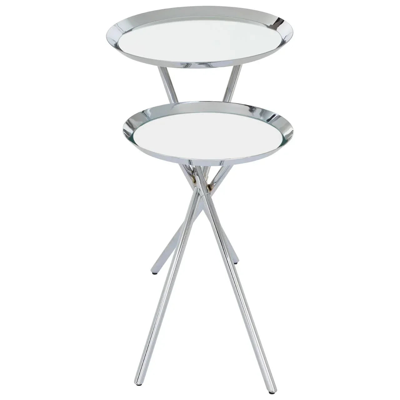Chrome nesting side tables with round mirrored tops and crossed metal legs