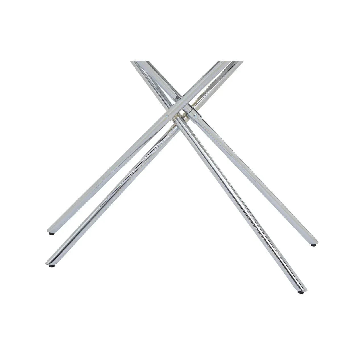 Chrome metal table legs with crossed design and floor protectors, close up view
