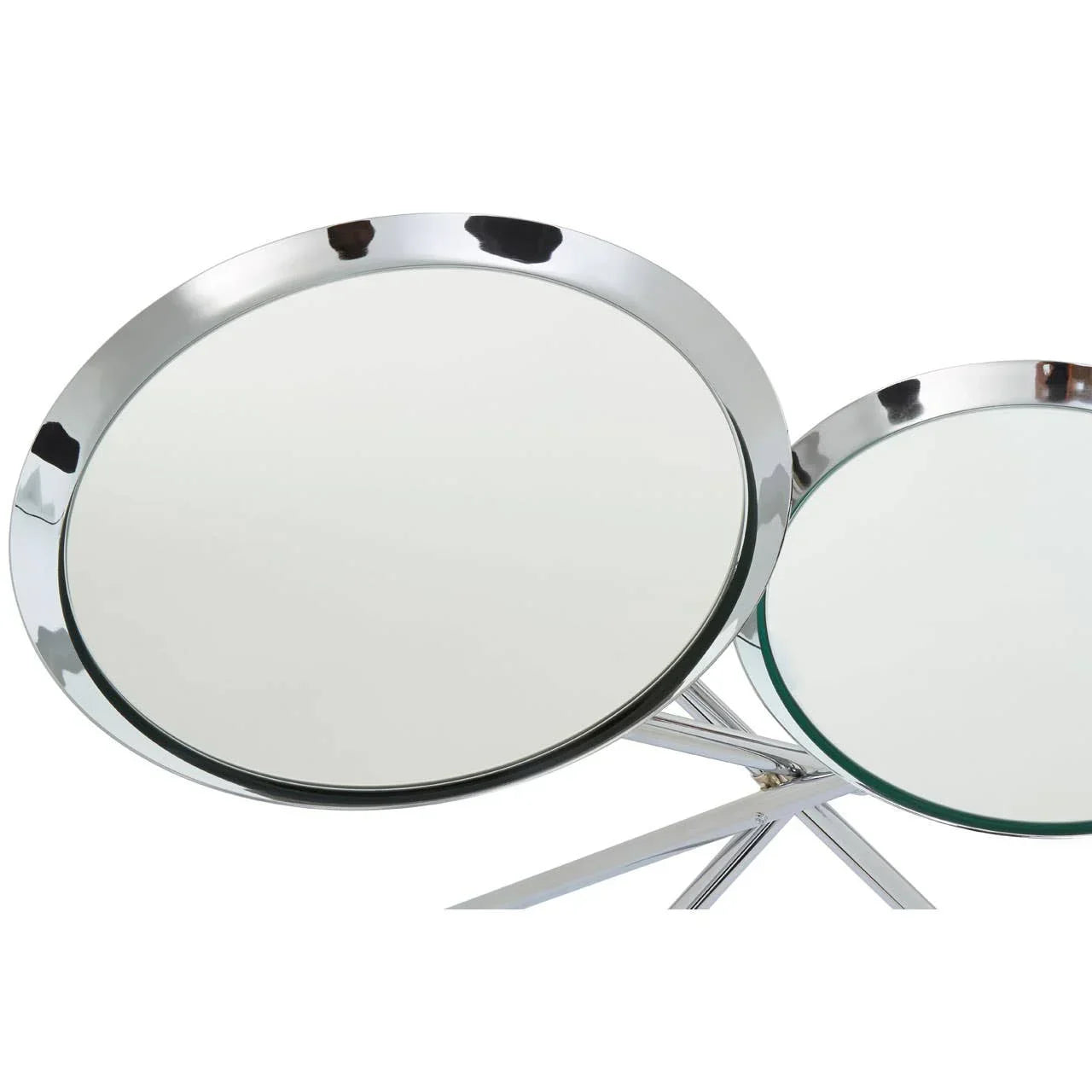 Round glass nesting coffee table with chrome frame and intersecting metal legs