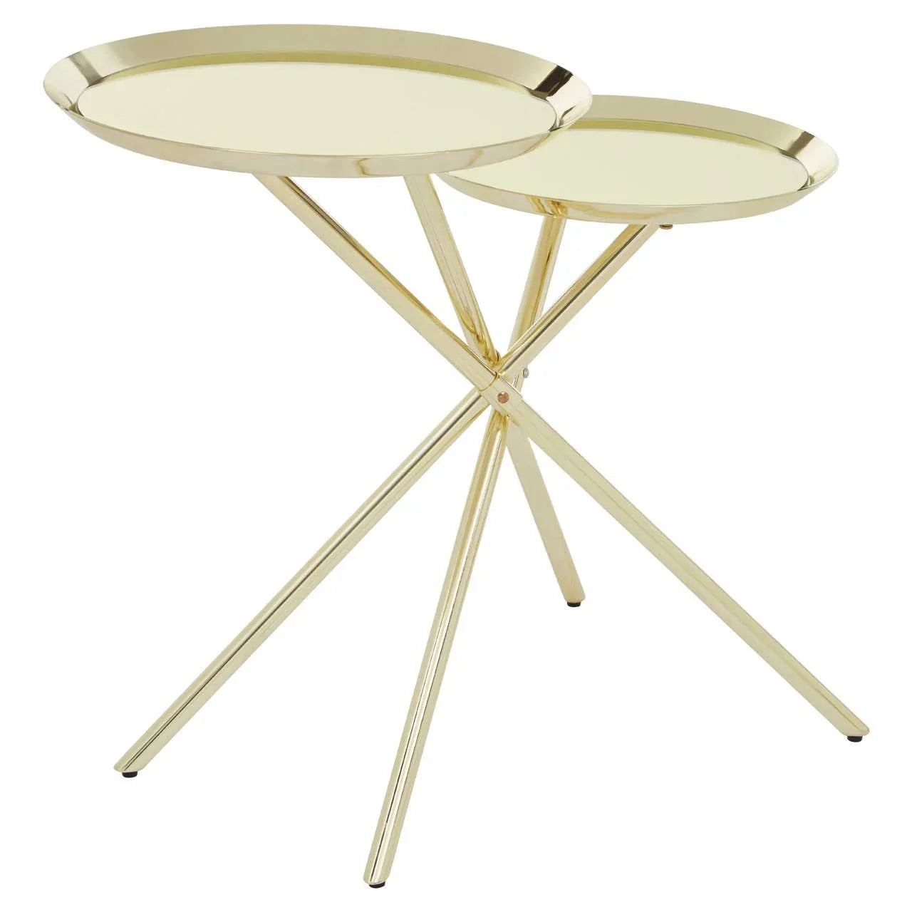 Gold metal nesting side tables with round trays and crossed legs