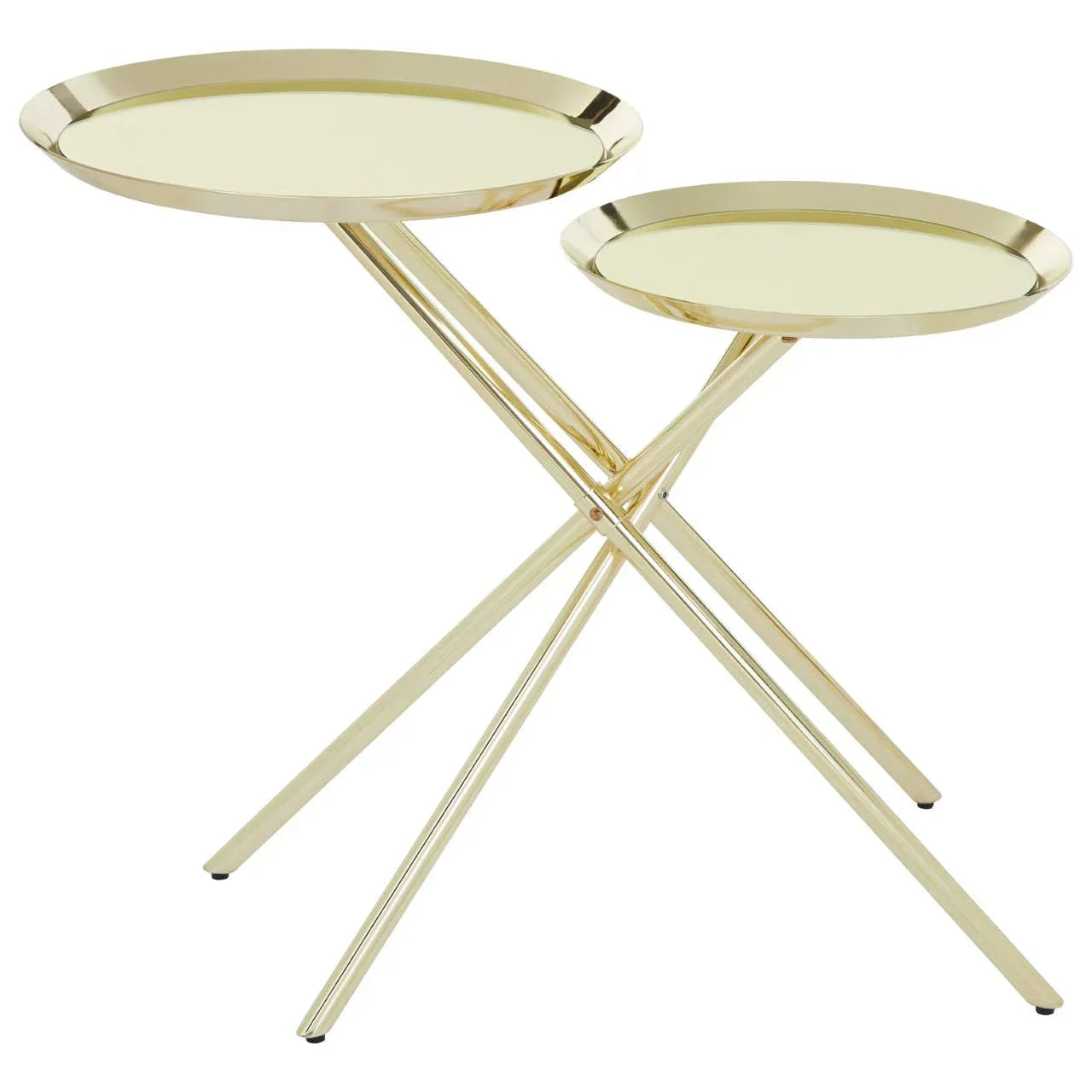 Gold metal nesting side tables with round trays and crossing legs