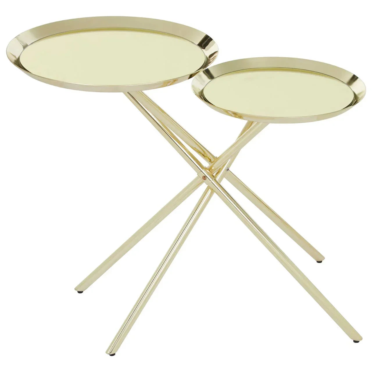 Gold metal nesting side tables with round trays and crossed legs on white background