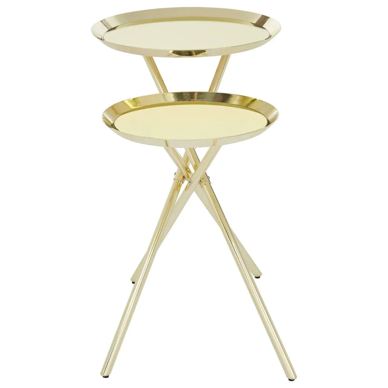 Gold metal two tier side table with round trays and tripod legs