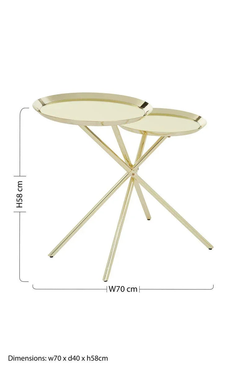 Gold metal side table set with twin round trays and tripod legs, 70x40x58cm