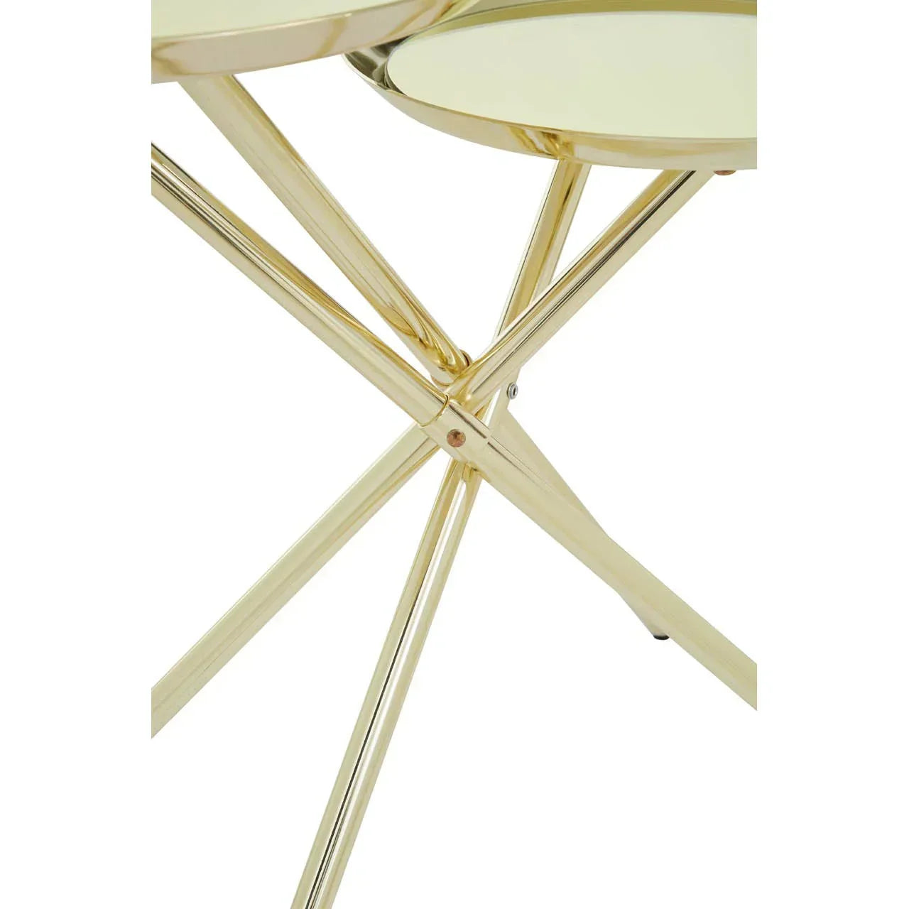Gold metal nesting table legs and frame with mirrored glass top, close-up view