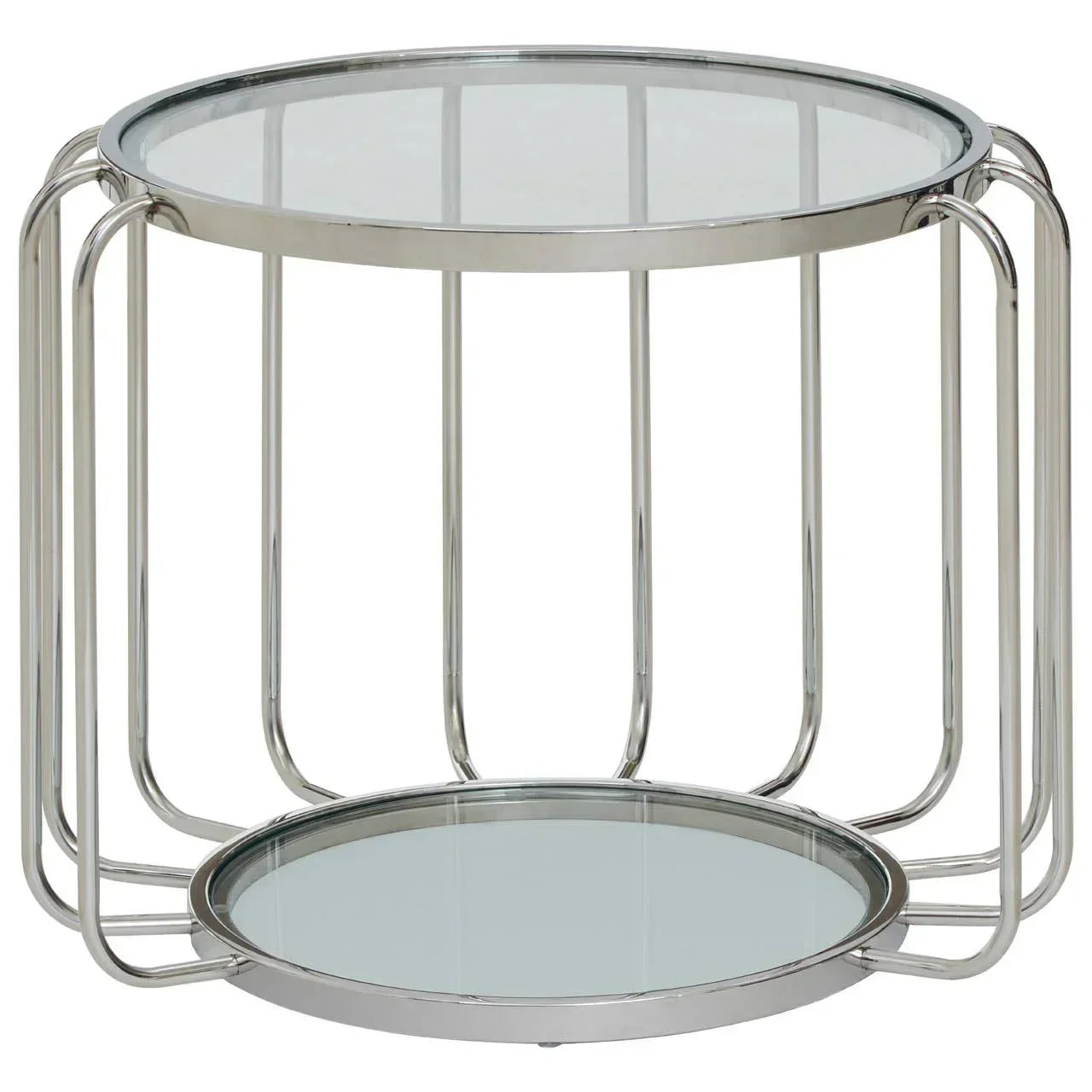 Round glass and chrome side table with lower shelf and open metal frame