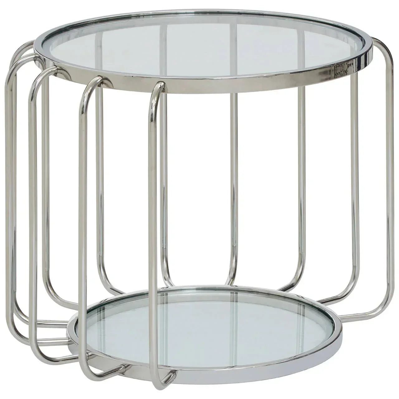 Round glass side table with chrome metal frame and lower shelf, modern design