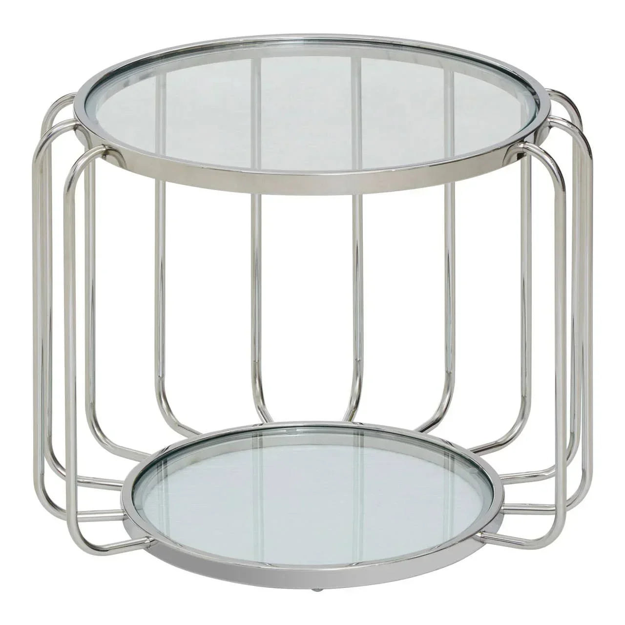 Round glass top side table with chrome metal frame and lower glass shelf