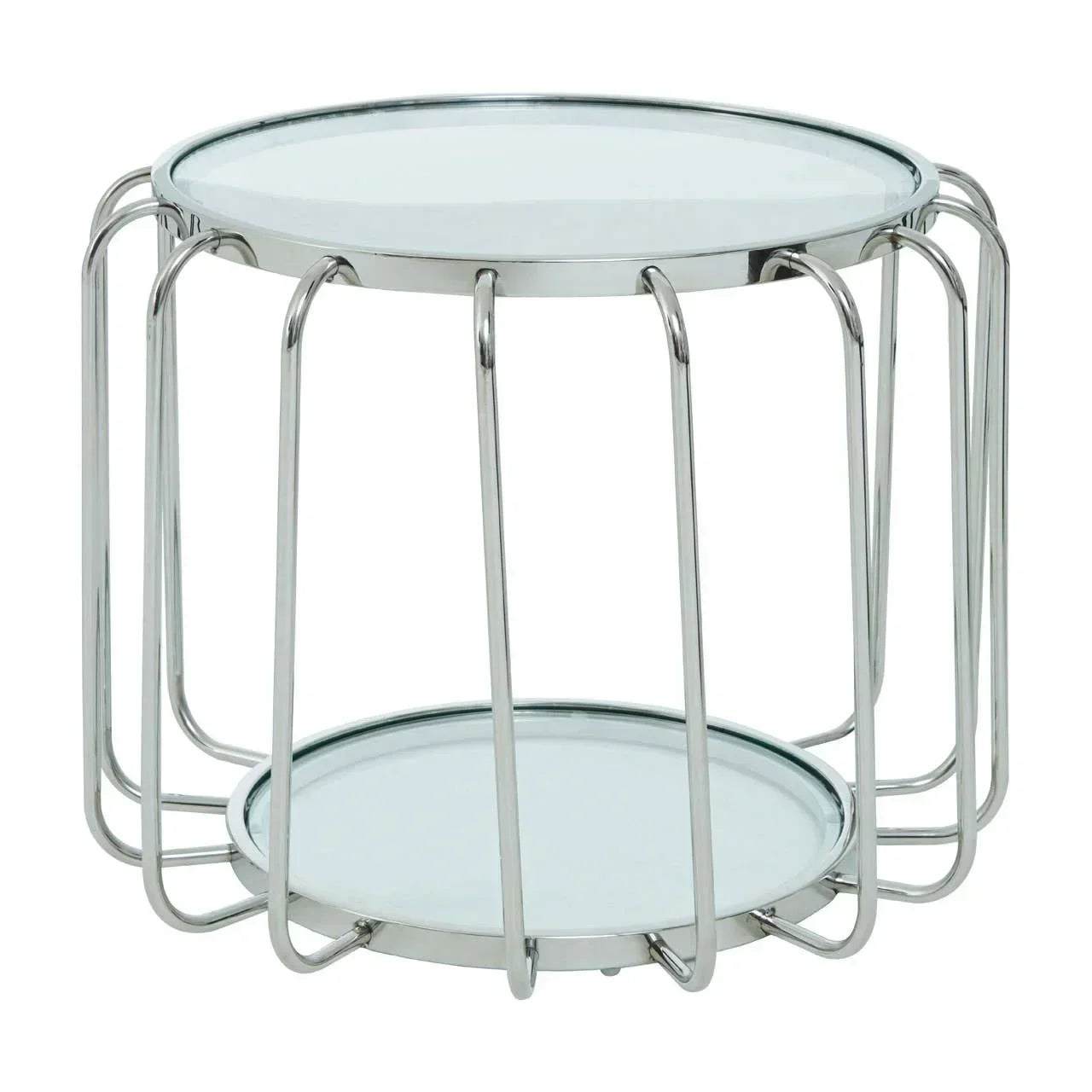 Round glass top side table with chrome metal frame and lower shelf