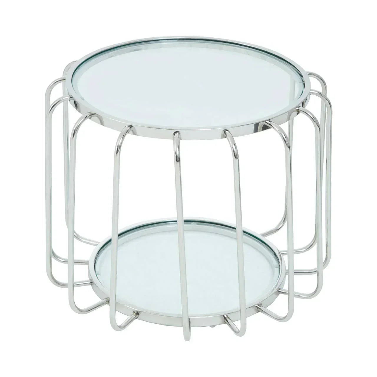 Round glass top side table with chrome metal frame and lower glass shelf