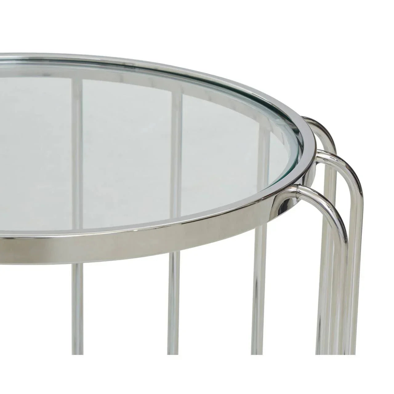 Round glass side table with chrome metal frame close-up