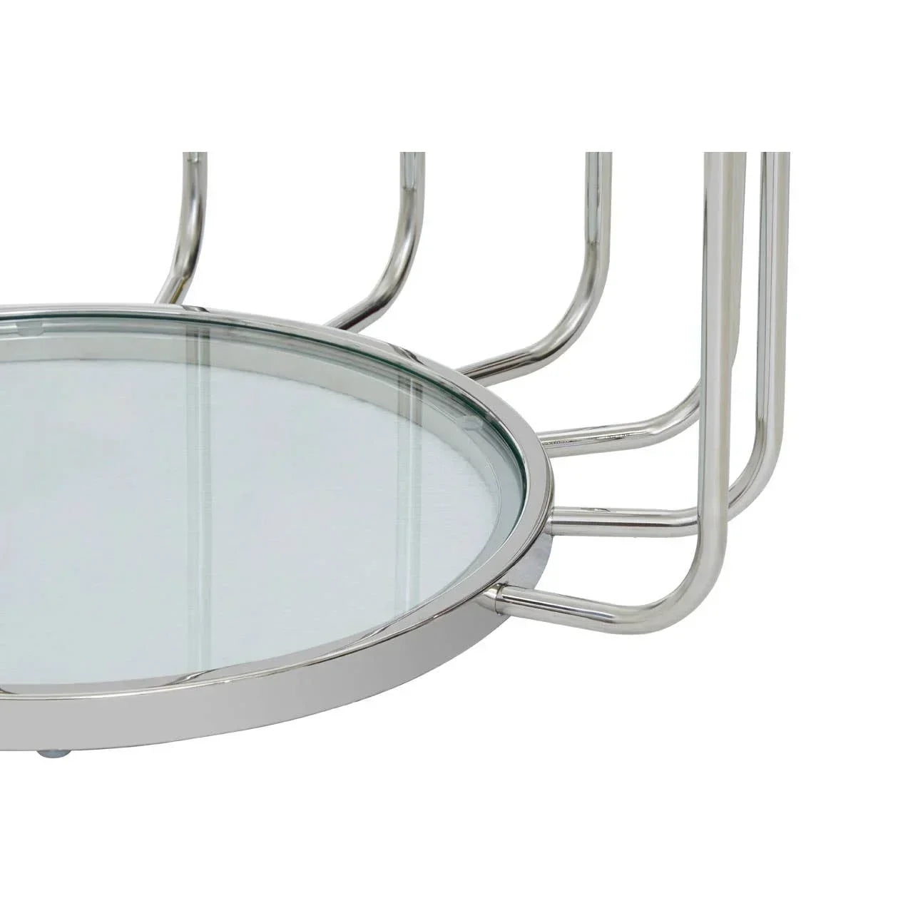Round glass coffee table with chrome metal frame, close view of modern base design