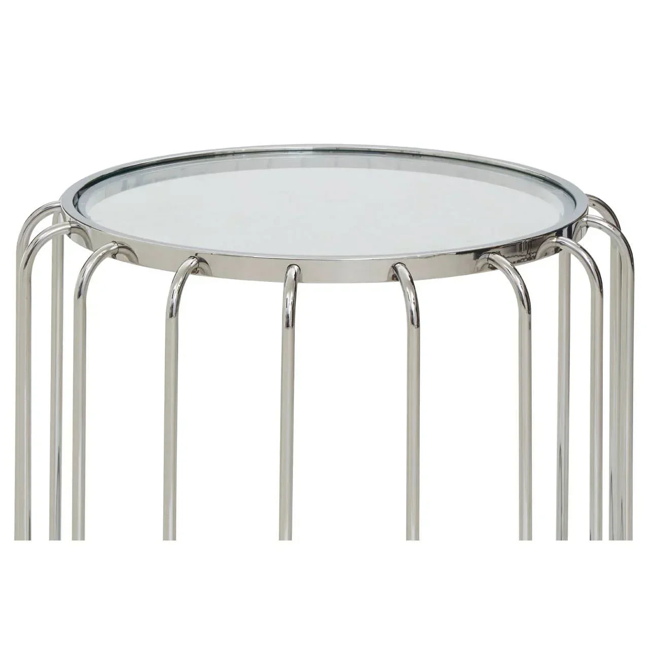 Round glass side table with chrome metal legs and modern open frame design