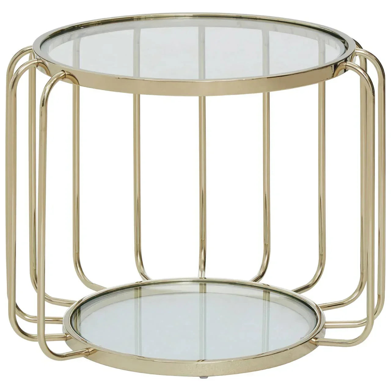 Round glass coffee table with gold metal frame and lower shelf, front angle view