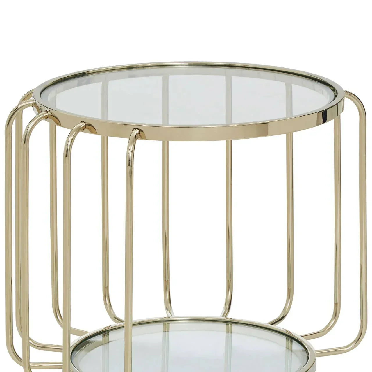 Round glass side table with gold metal frame and lower shelf, modern living room furniture
