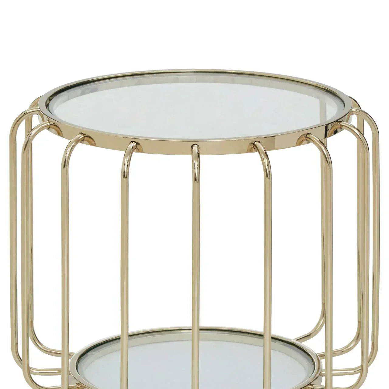 Gold metal side table with round glass top and lower shelf, modern open frame design
