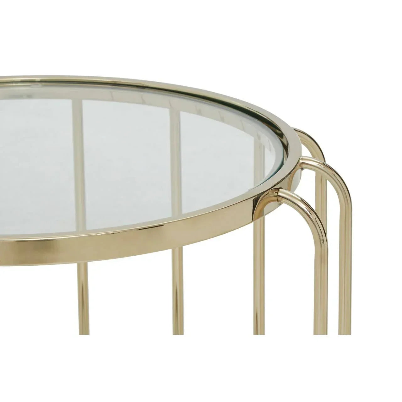 Round glass coffee table with gold metal frame and legs, angled side view