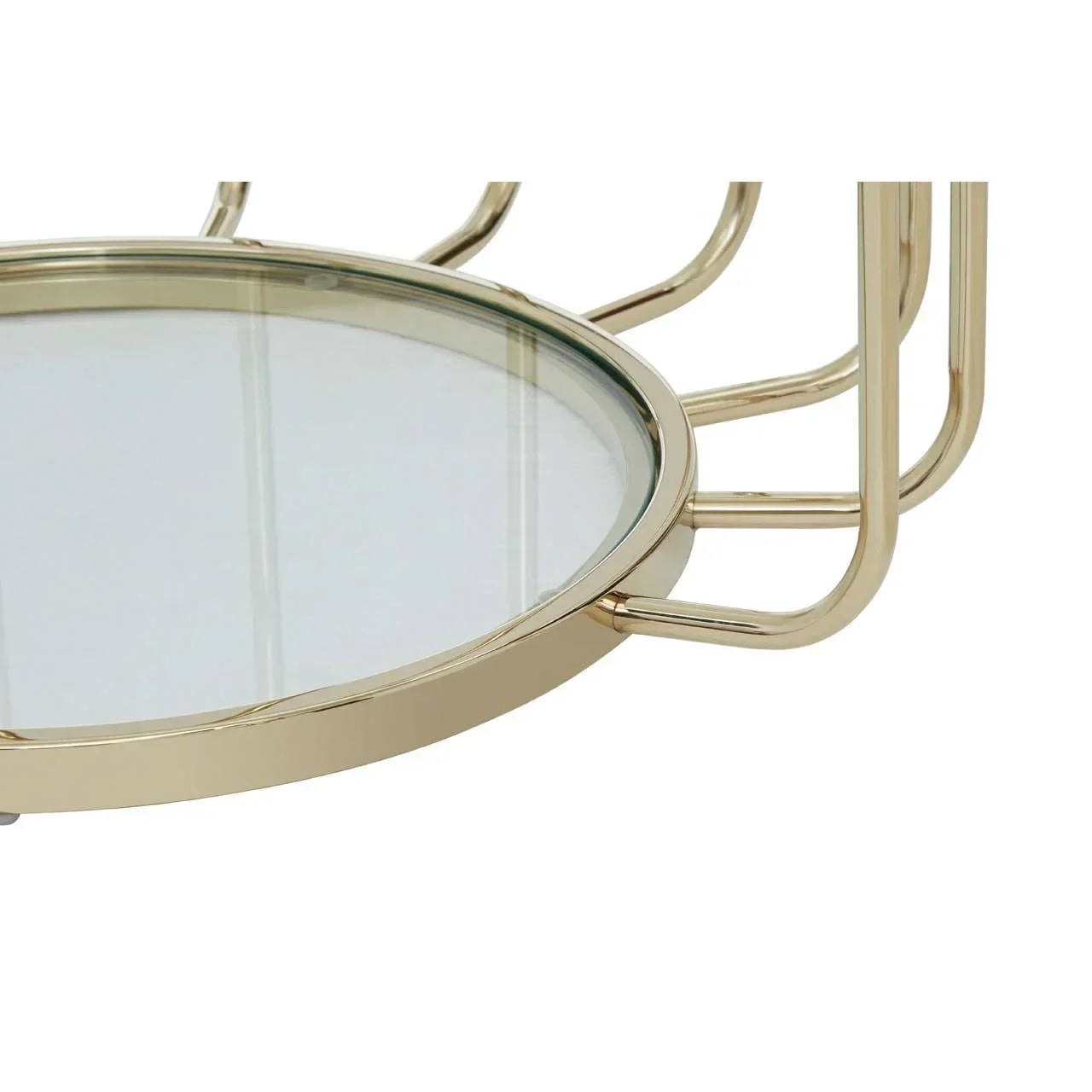 Gold metal coffee table with round glass top and modern frame detail