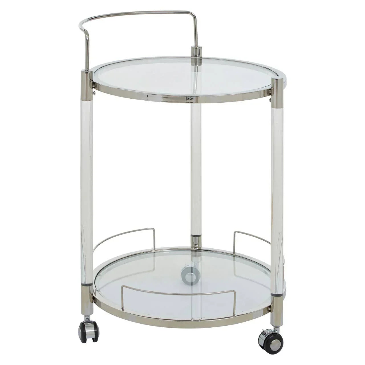 Glass and chrome drinks trolley with two round shelves and wheels