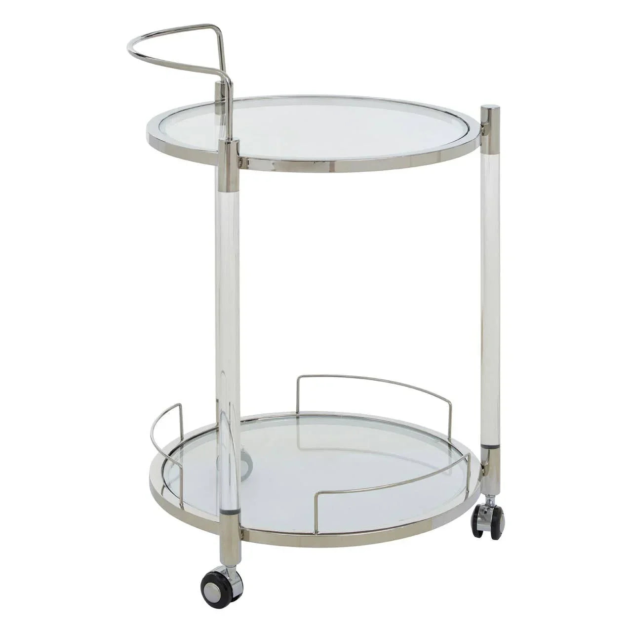 Chrome and glass round drinks trolley with two shelves and wheels
