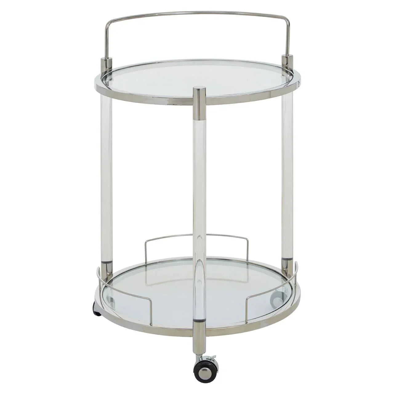 Round glass and chrome drinks trolley with two shelves and castor wheels