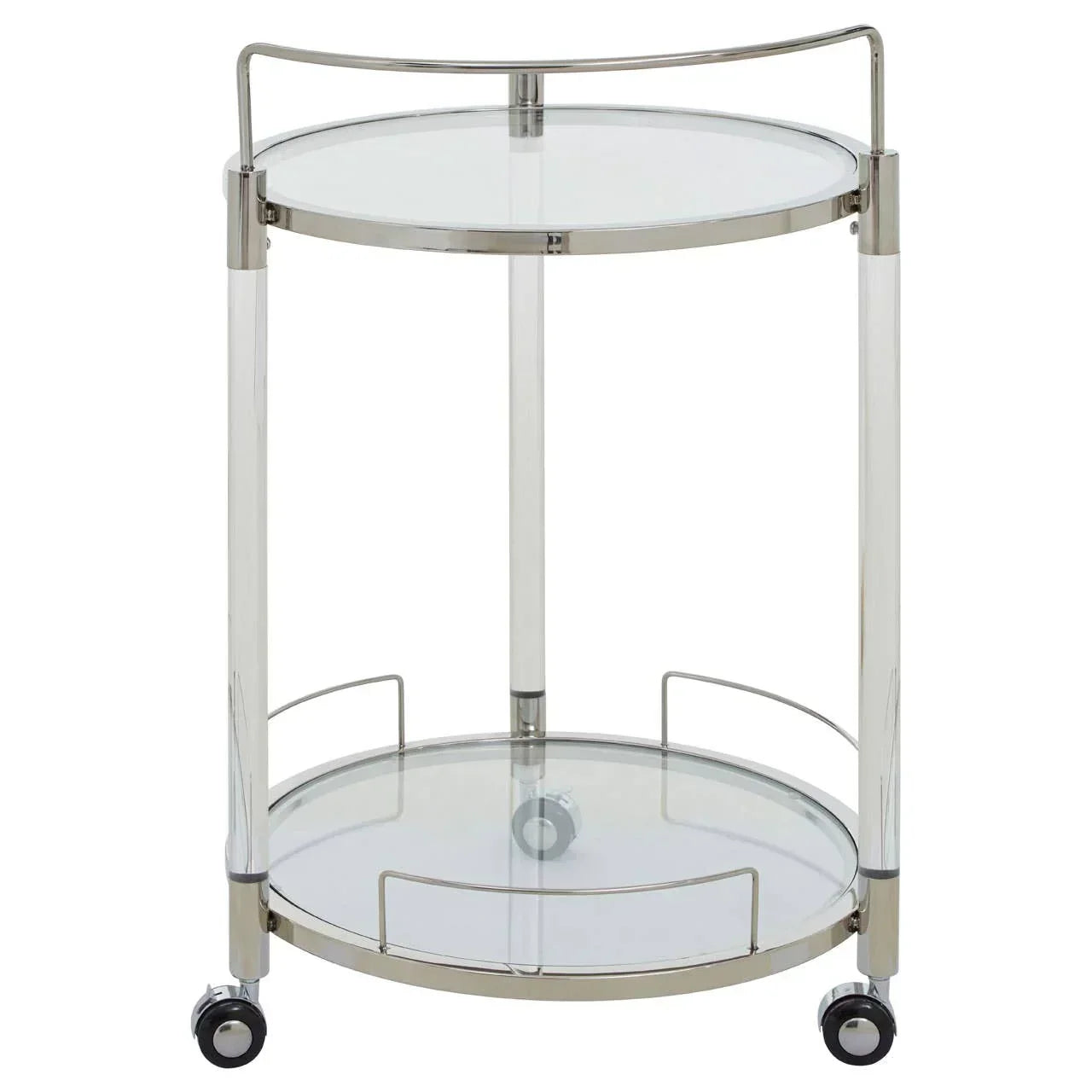 Round glass and chrome drinks trolley with two shelves and wheels