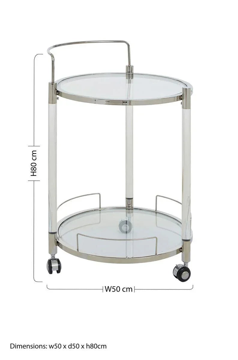 Round glass and chrome drinks trolley with two shelves and wheels, 50x50x80cm dimensions