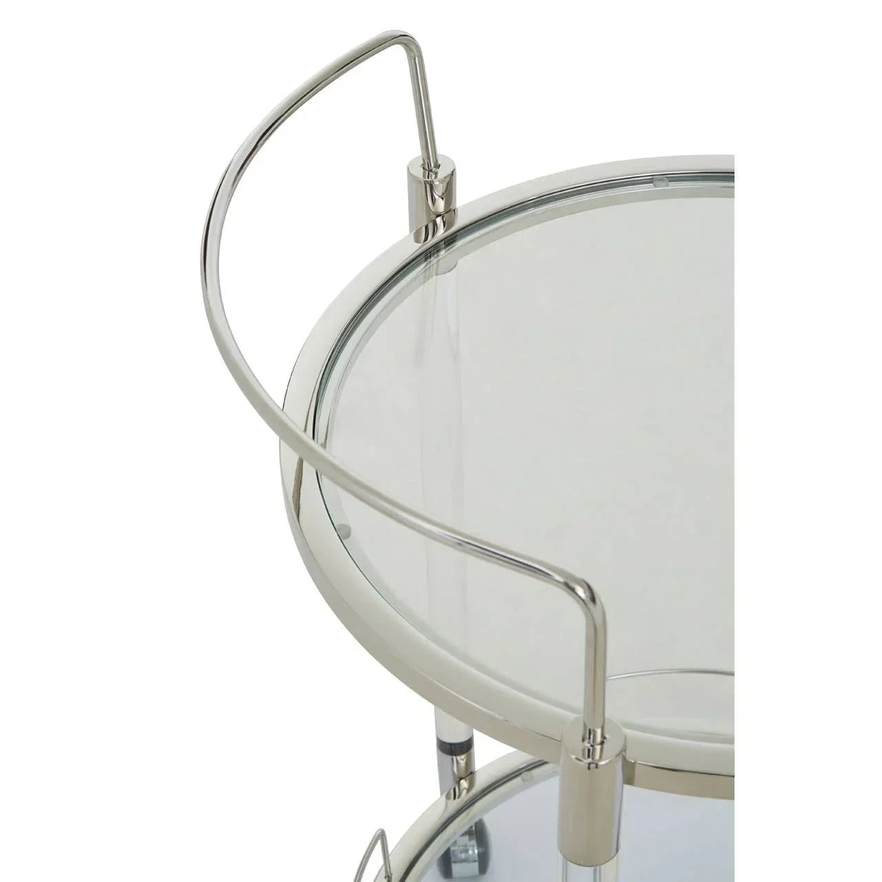 Round glass and chrome drinks trolley with raised side handles, top view