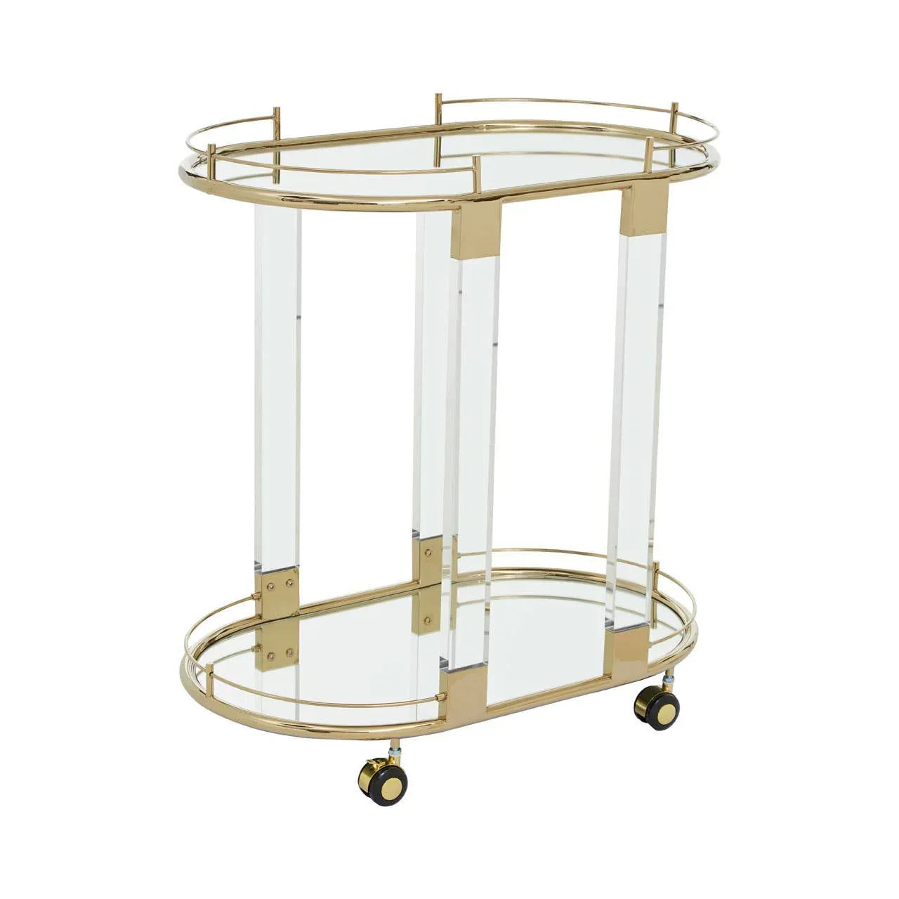Gold and glass drinks trolley with clear acrylic legs and wheels, oval shape, side view