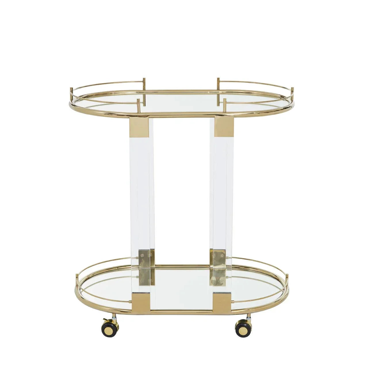 Gold and glass drinks trolley with mirrored shelves and clear acrylic legs on castor wheels