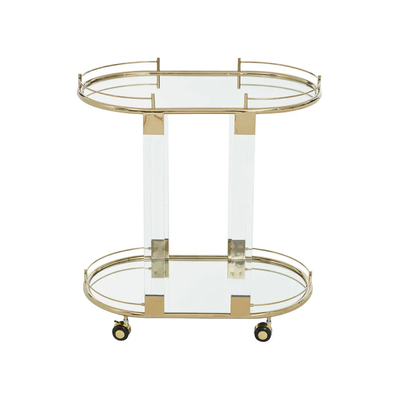 Glass and gold metal drinks trolley with two shelves and swivel castor wheels