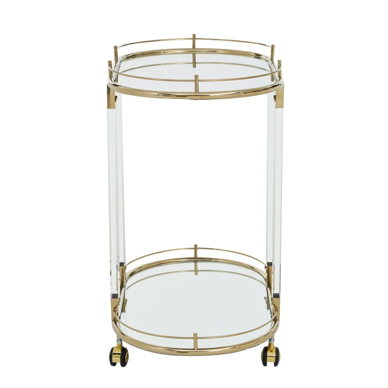 Gold metal and glass drinks trolley with two shelves and caster wheels, front view