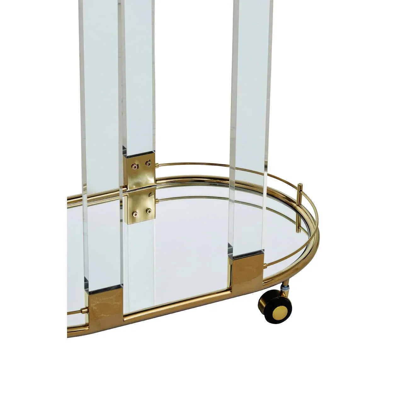 Glass and gold drinks trolley base with mirrored shelf and black caster wheel