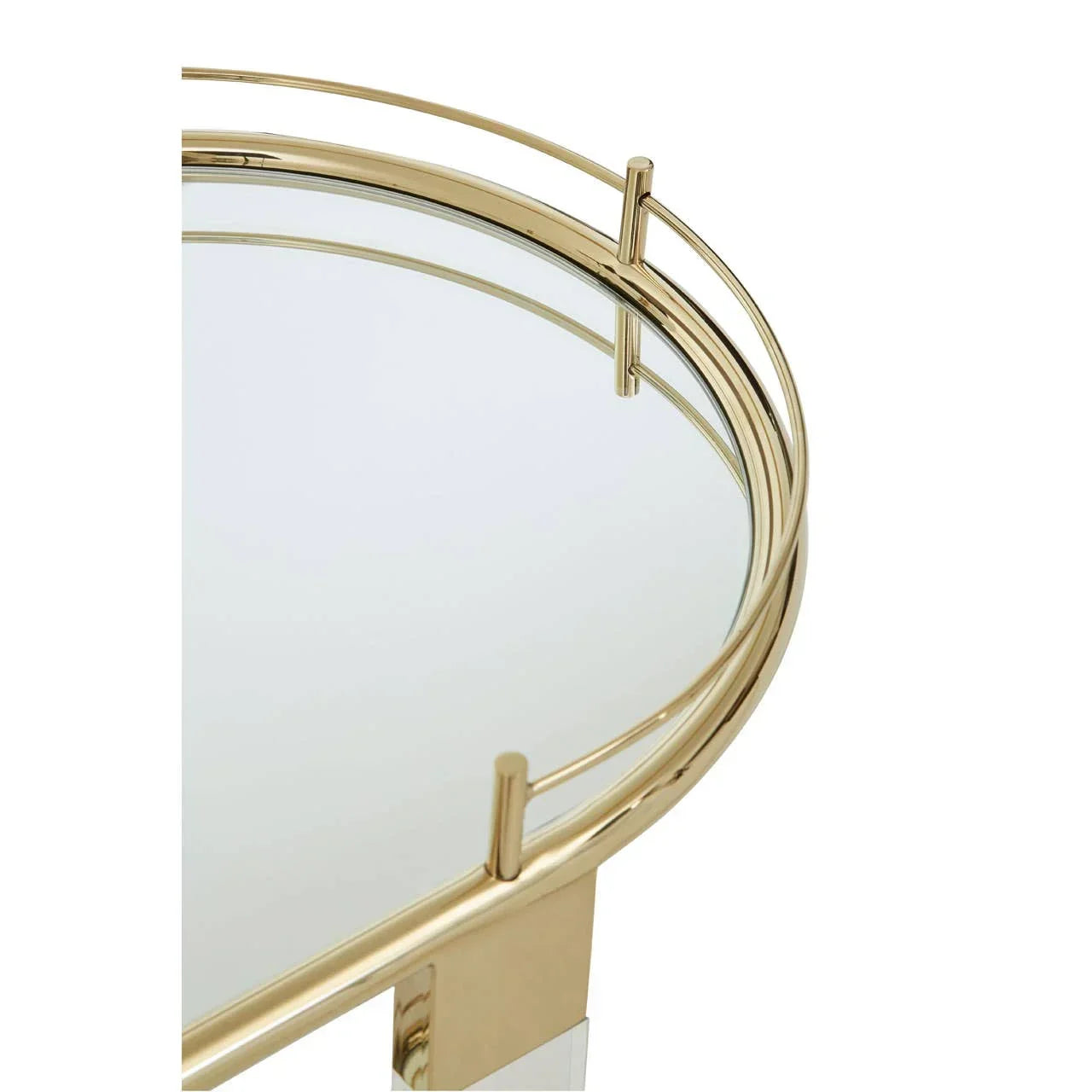 Round glass side table with gold metal frame and modern rail detail
