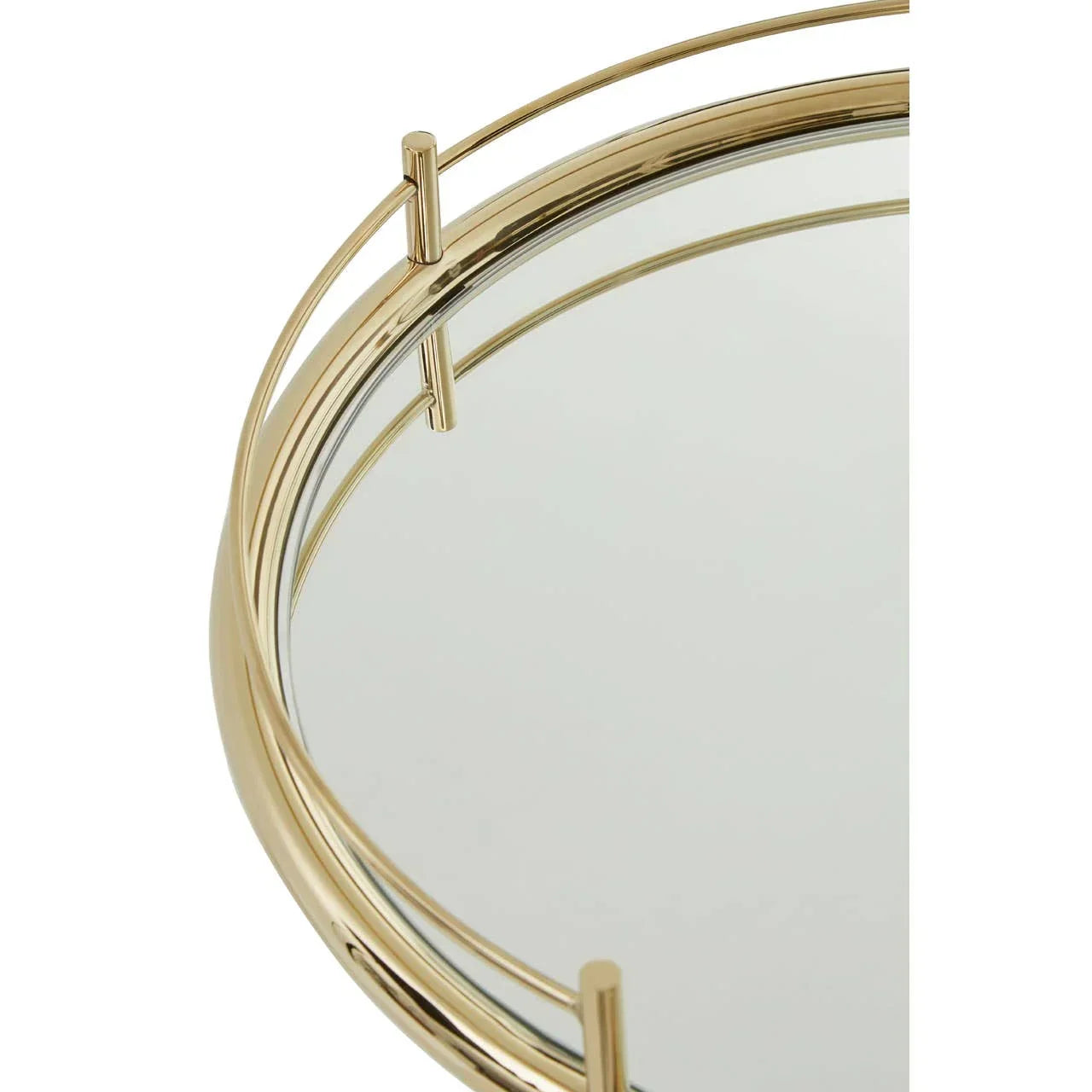 Round gold metal tray with mirrored surface and raised edge detail