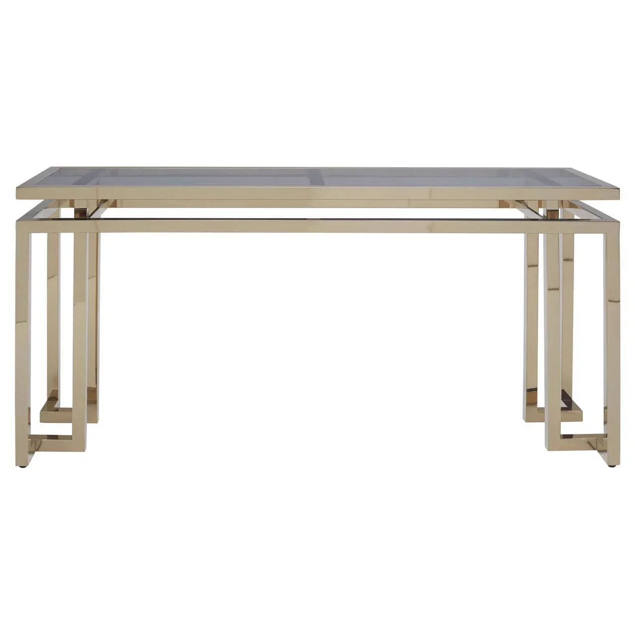Glass dining table with gold metal frame and geometric legs, front view