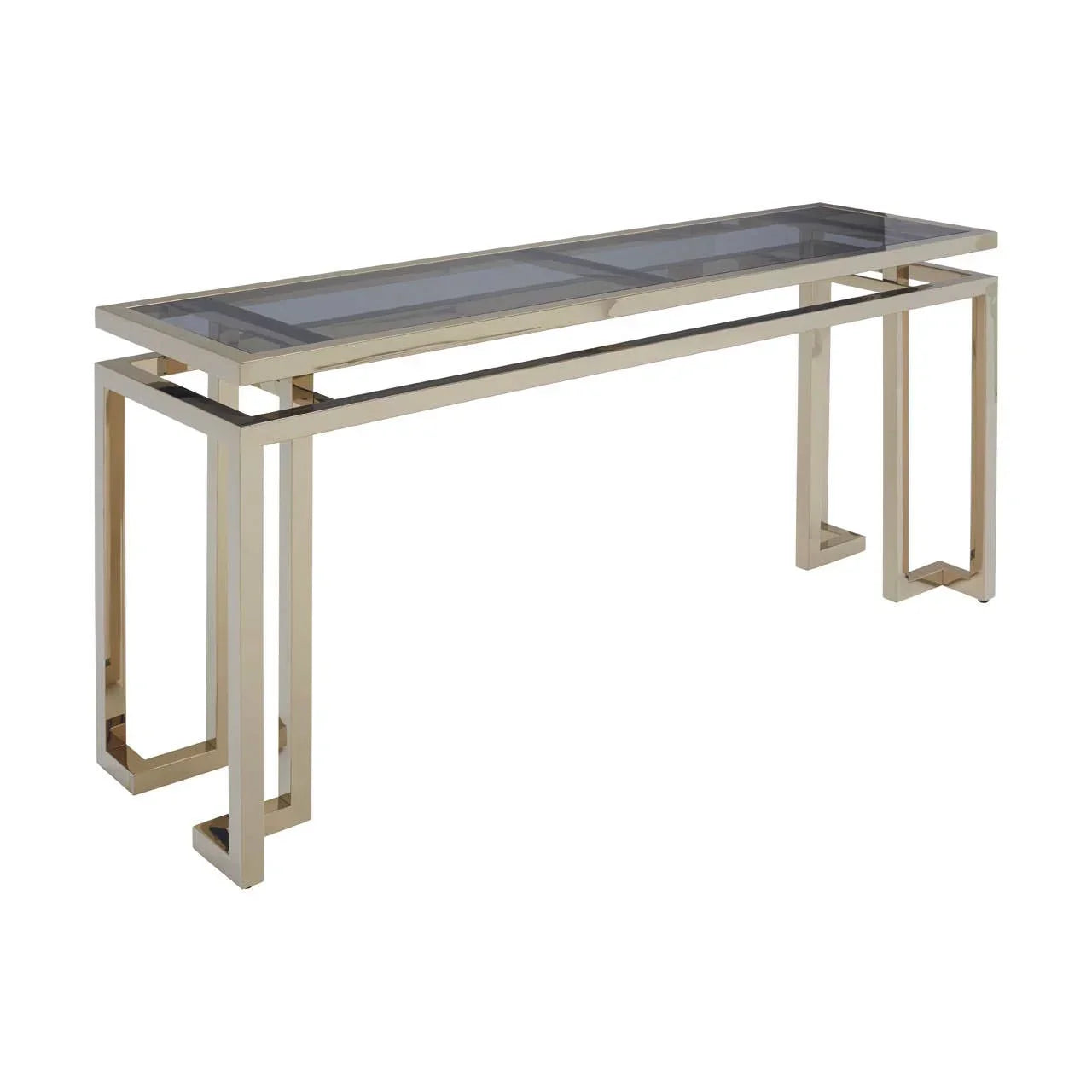 Gold metal console table with rectangular smoked glass top and geometric frame