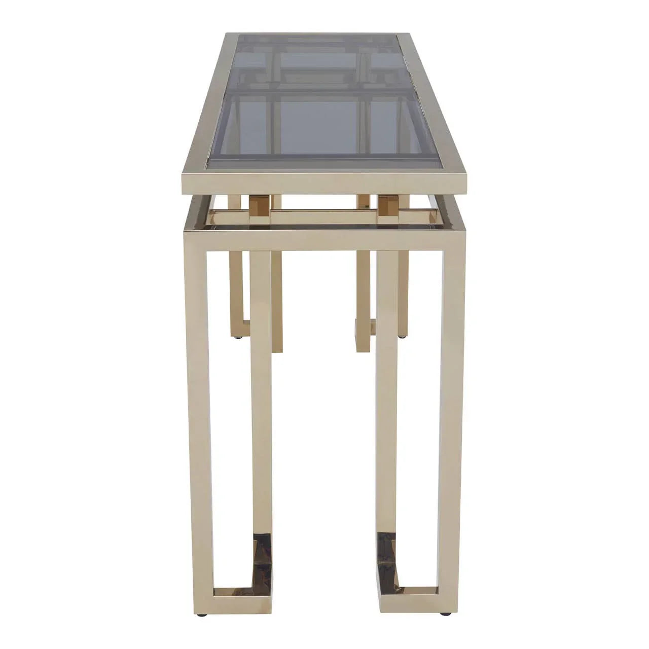 Gold metal console table with glass top and geometric base, front view