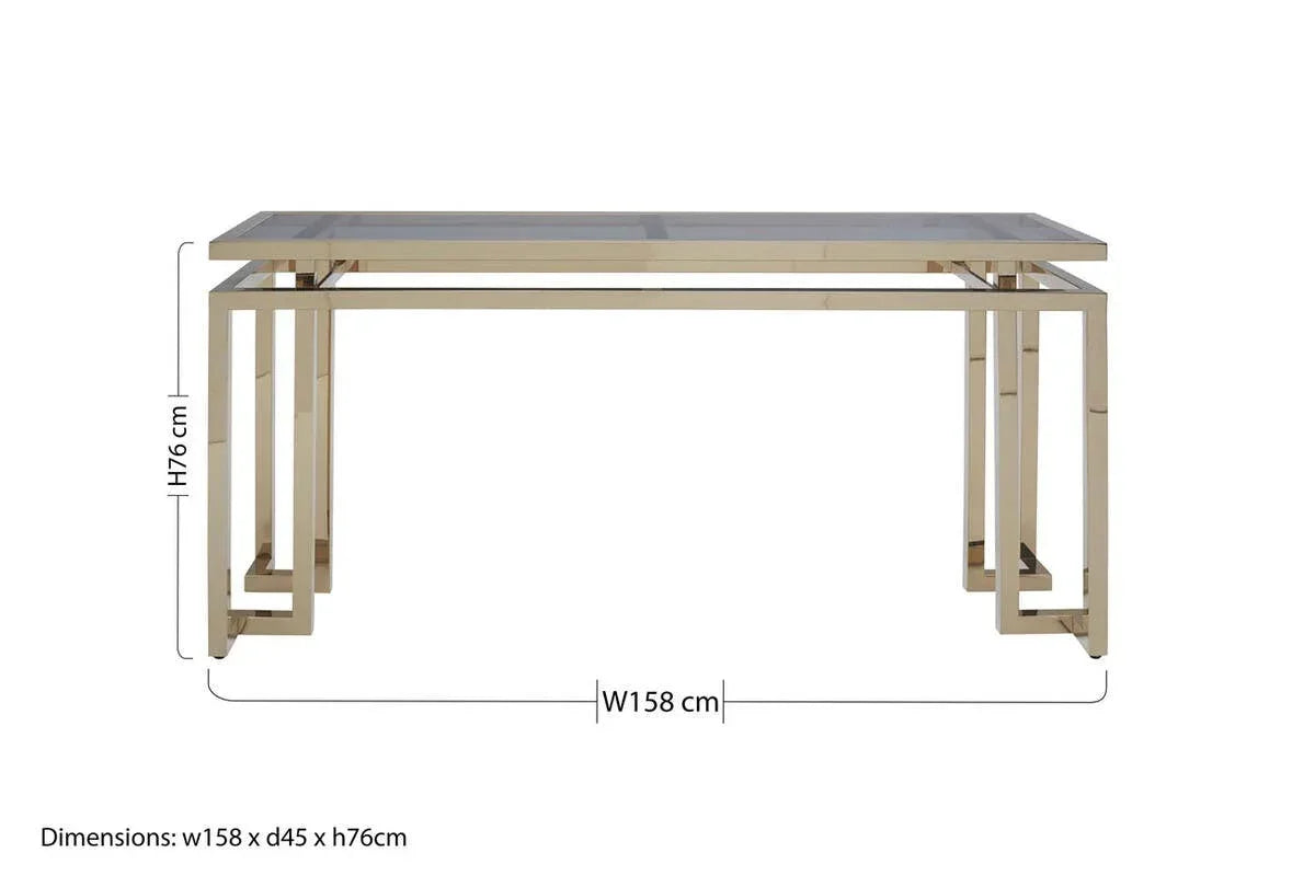 Gold metal console table with glass top, geometric frame, shown from front with dimensions