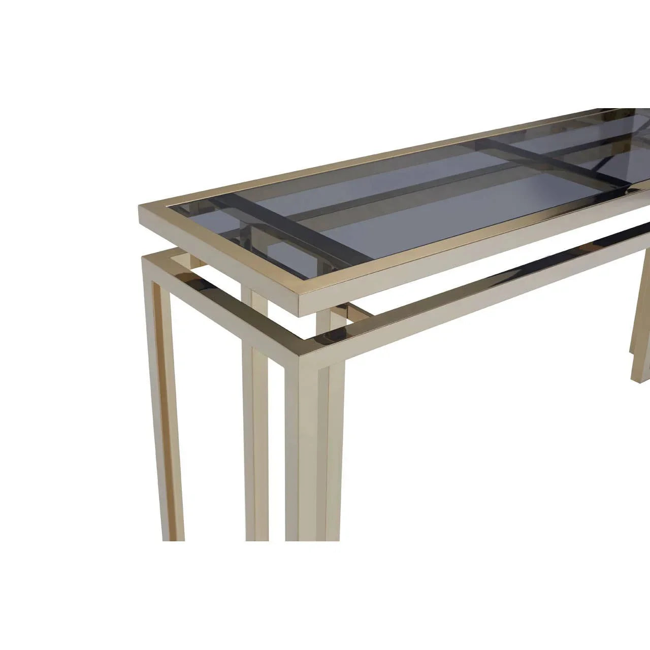 Gold metal console table with glass top and modern geometric frame detail