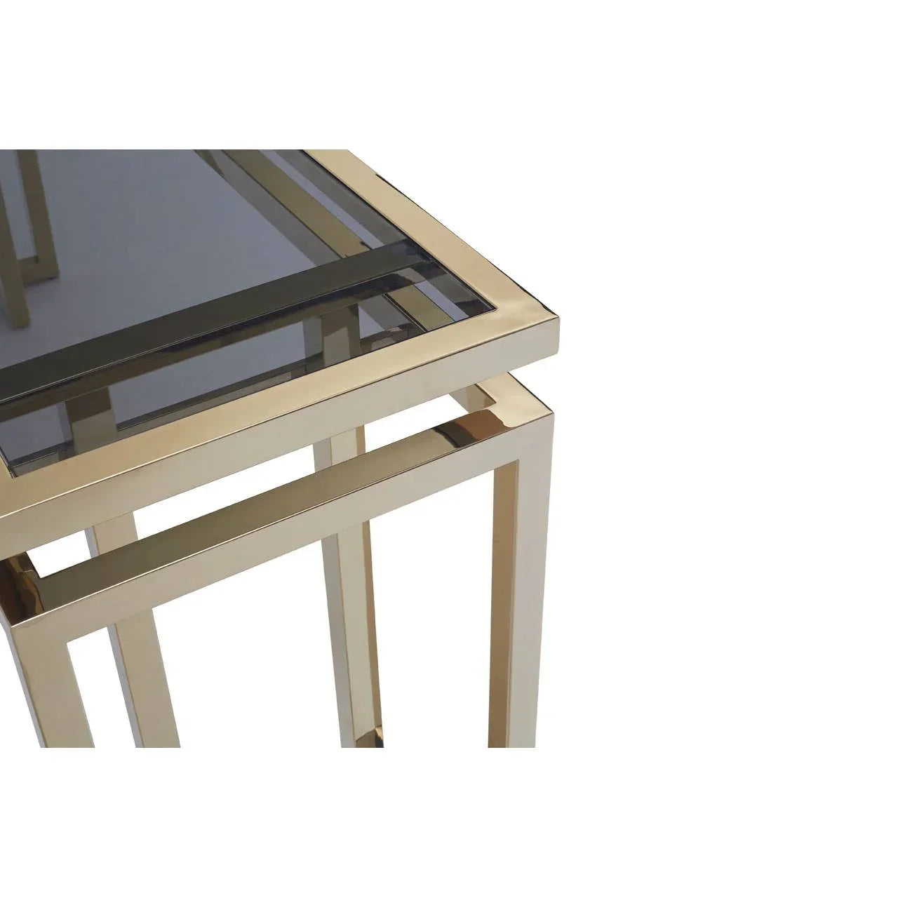 Gold metal and glass side table with sleek square frame, close-up angle