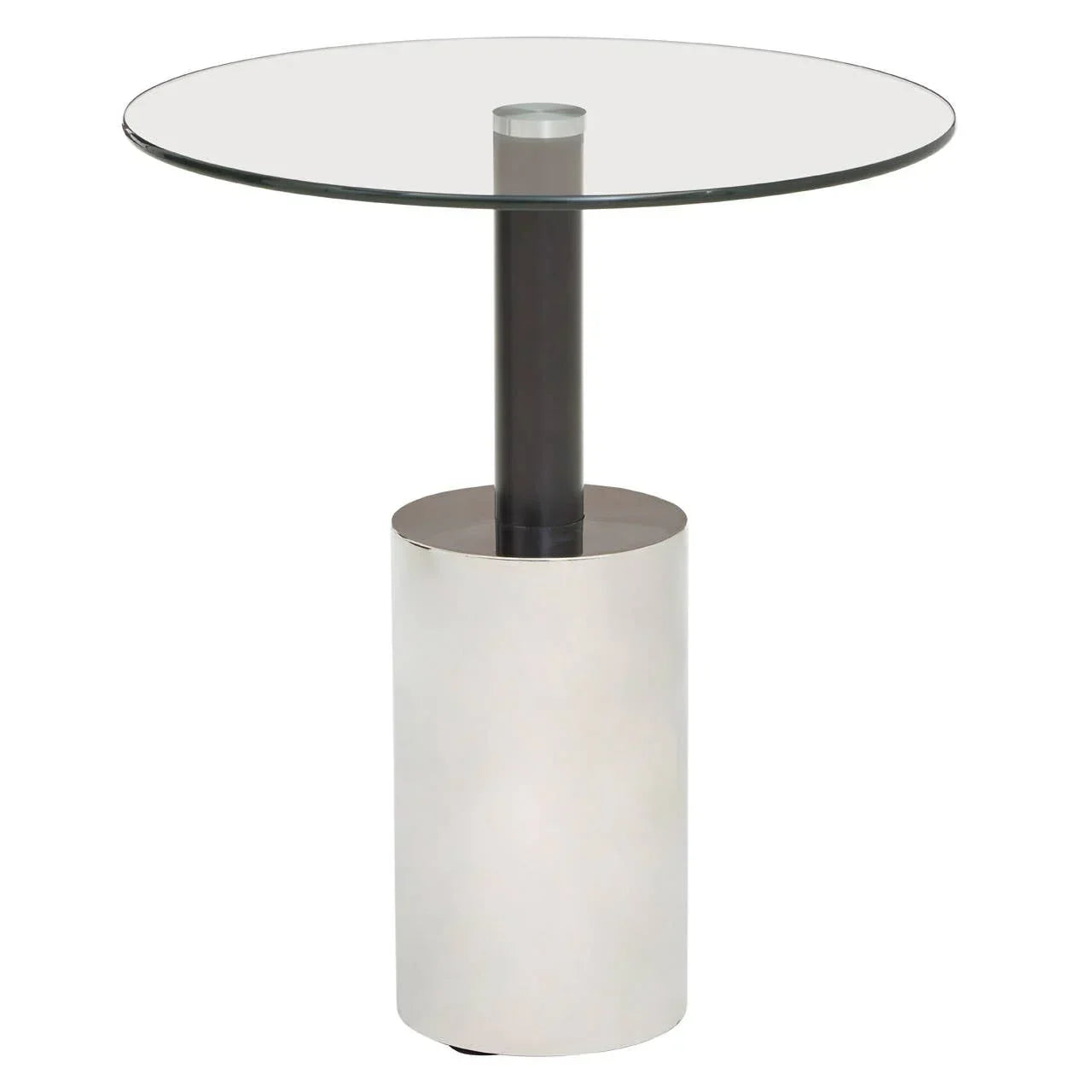 Round glass dining table with metal central pedestal base in modern style