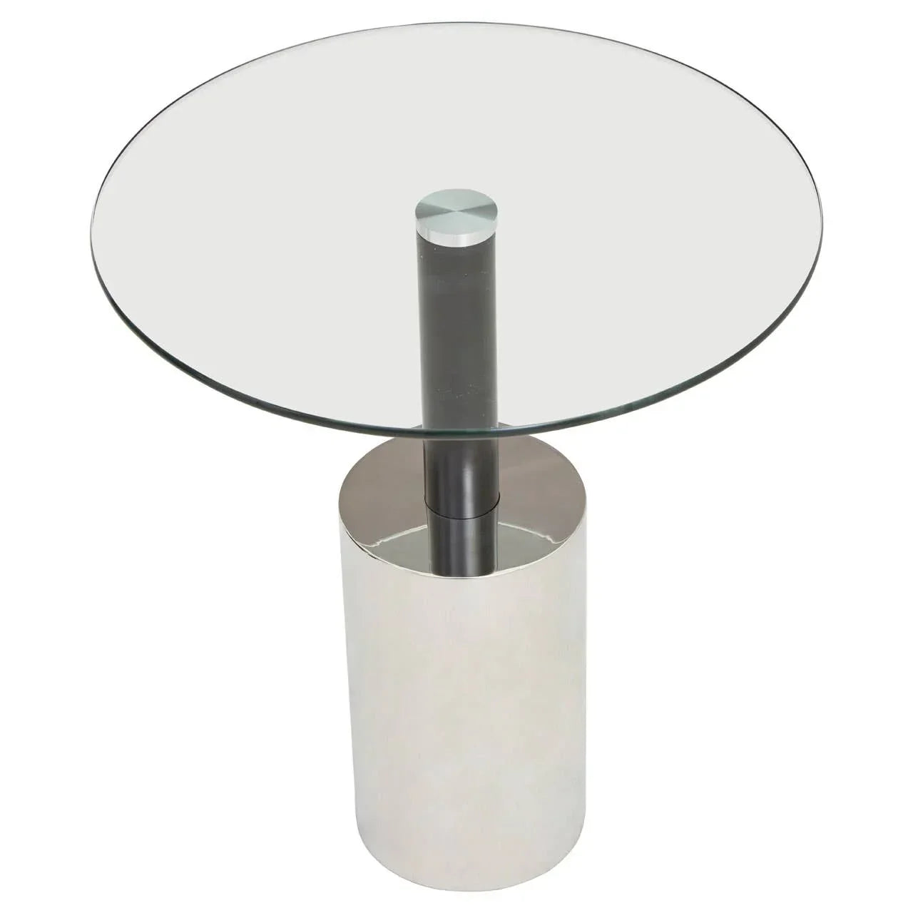 Round glass side table with polished chrome cylindrical base and central metal support