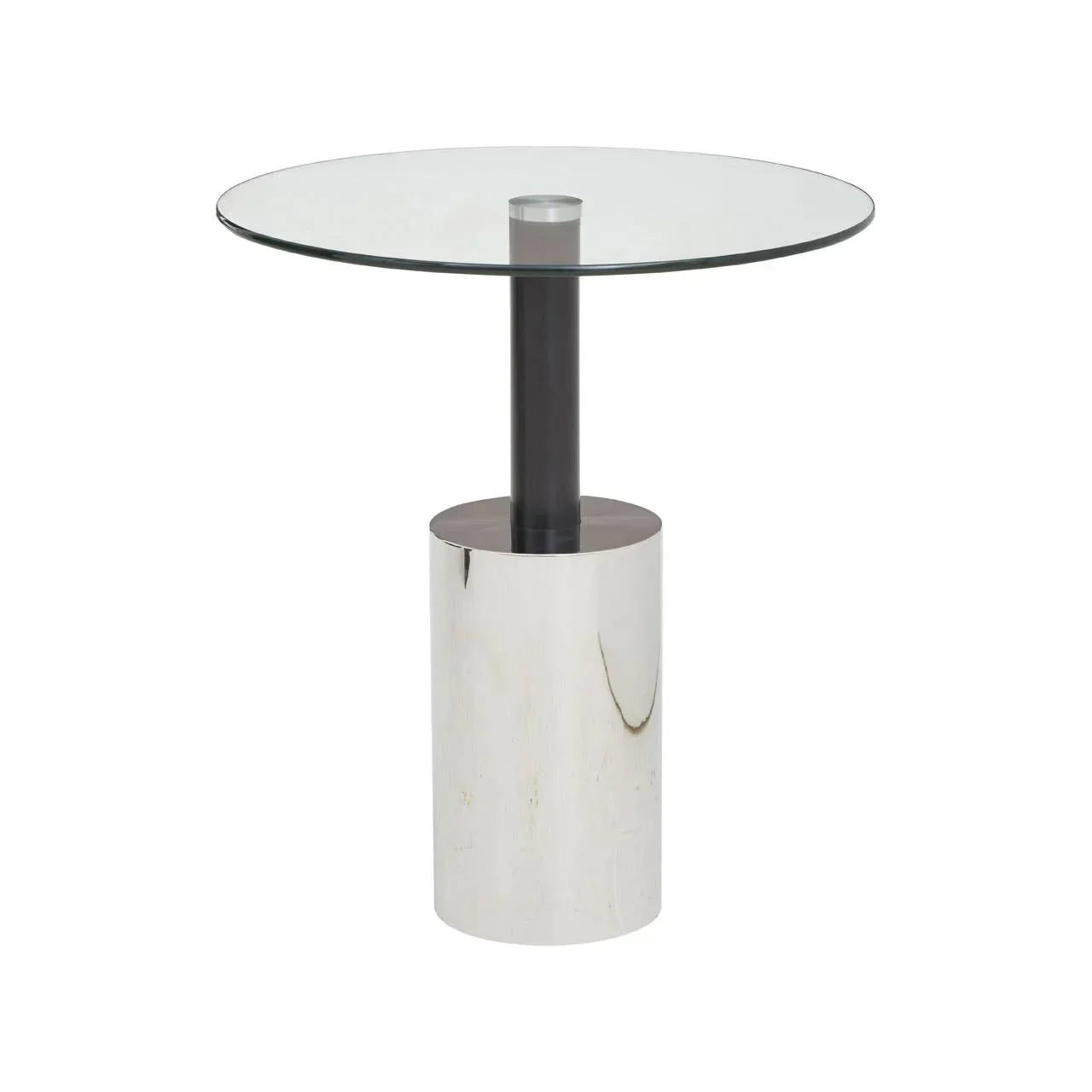 Round glass side table with chrome cylindrical base and black central support