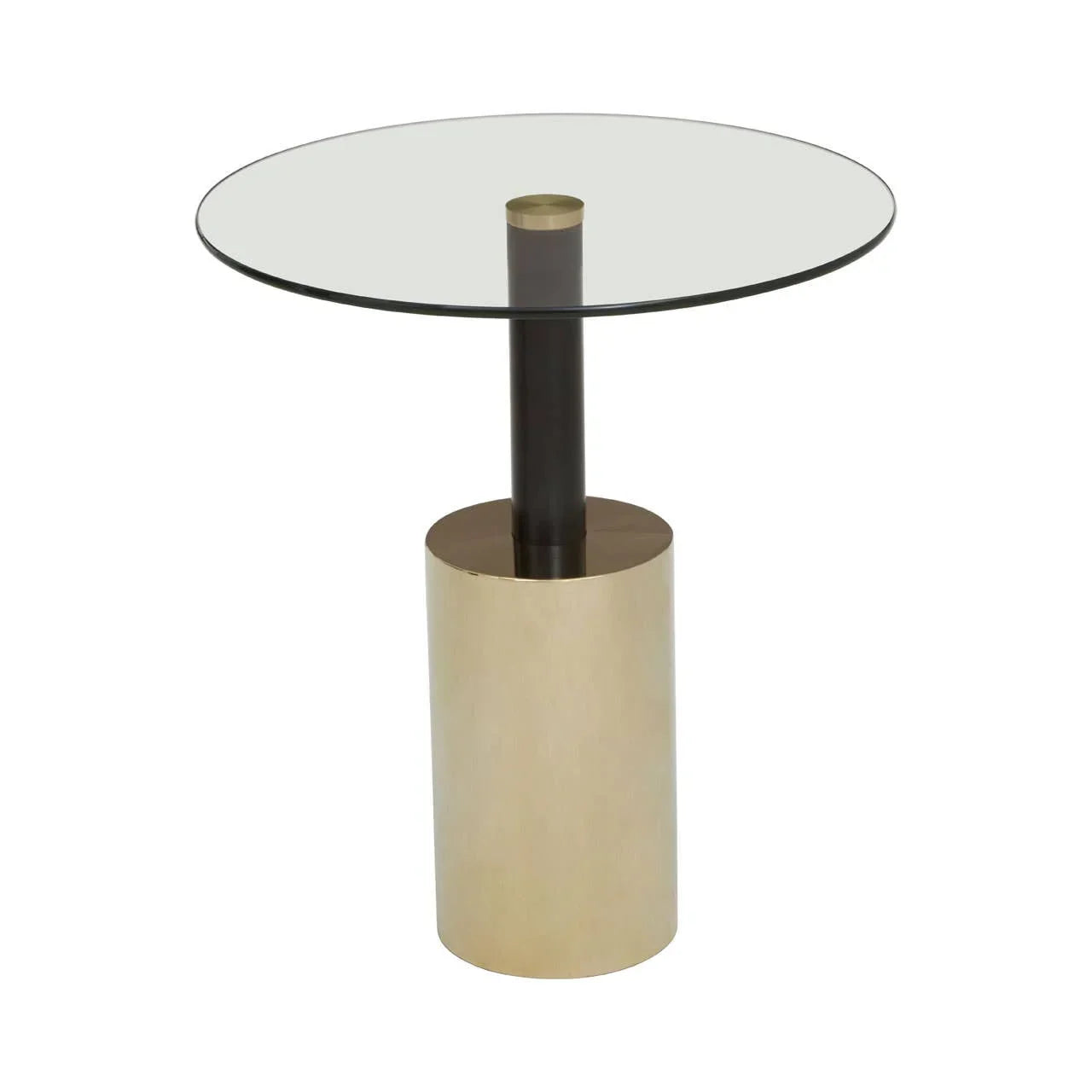 Round glass side table with gold cylindrical metal base and black central support