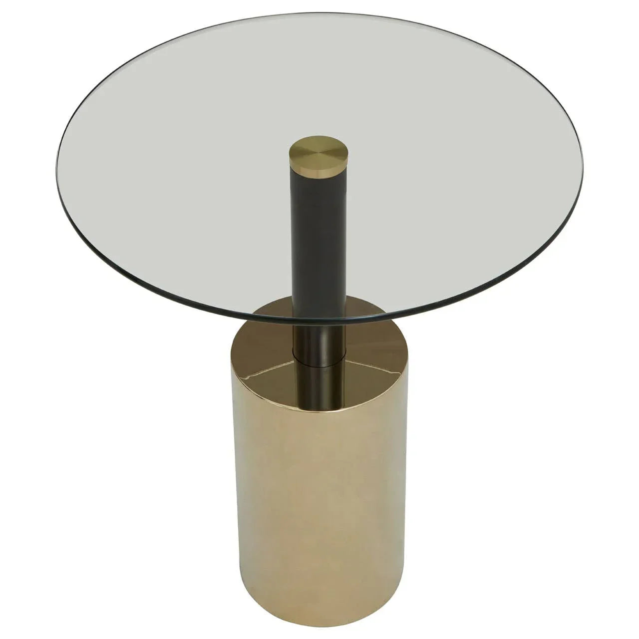 Round glass top side table with gold cylindrical metal base and black central support